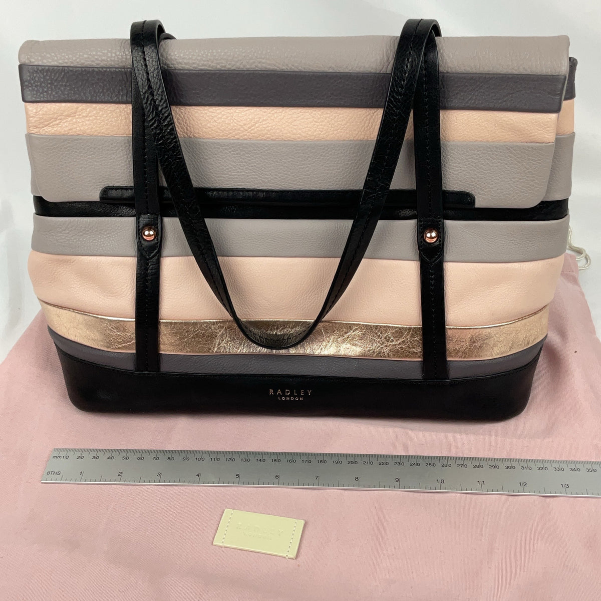 Radley London Tote Leather Striped Shoulder Bag Womens Nude Gold Black Grey