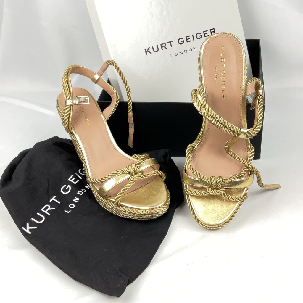 Kurt Geiger Sandals Leather Gold Rope Wedge Heels Espadrille Size 41