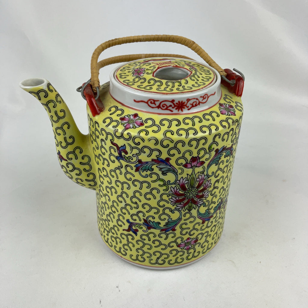 Chinese Mun Shou Teapot Porcelain Yellow Famille Jaune Longevity Vintage