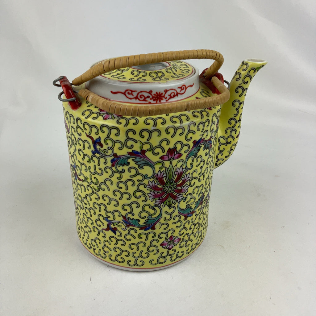 Chinese Mun Shou Teapot Porcelain Yellow Famille Jaune Longevity Vintage