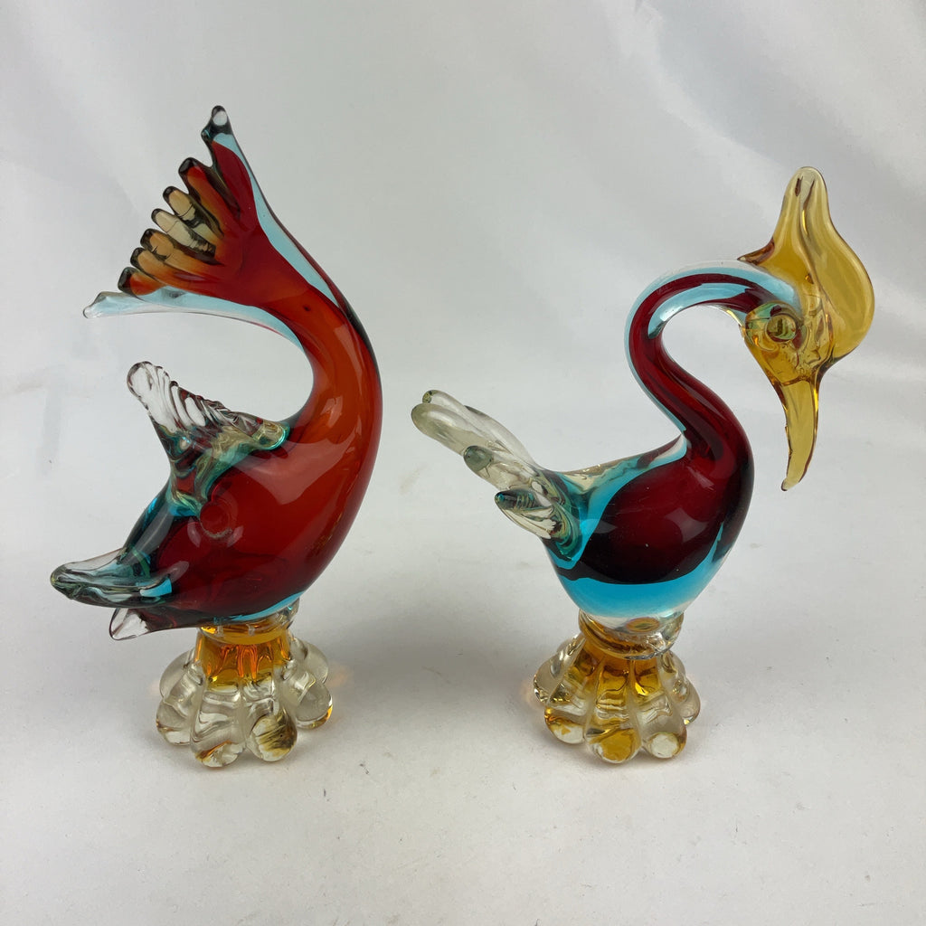 Murano Style Glass Fish and Bird Sculptures Multicolour Pair Vintage
