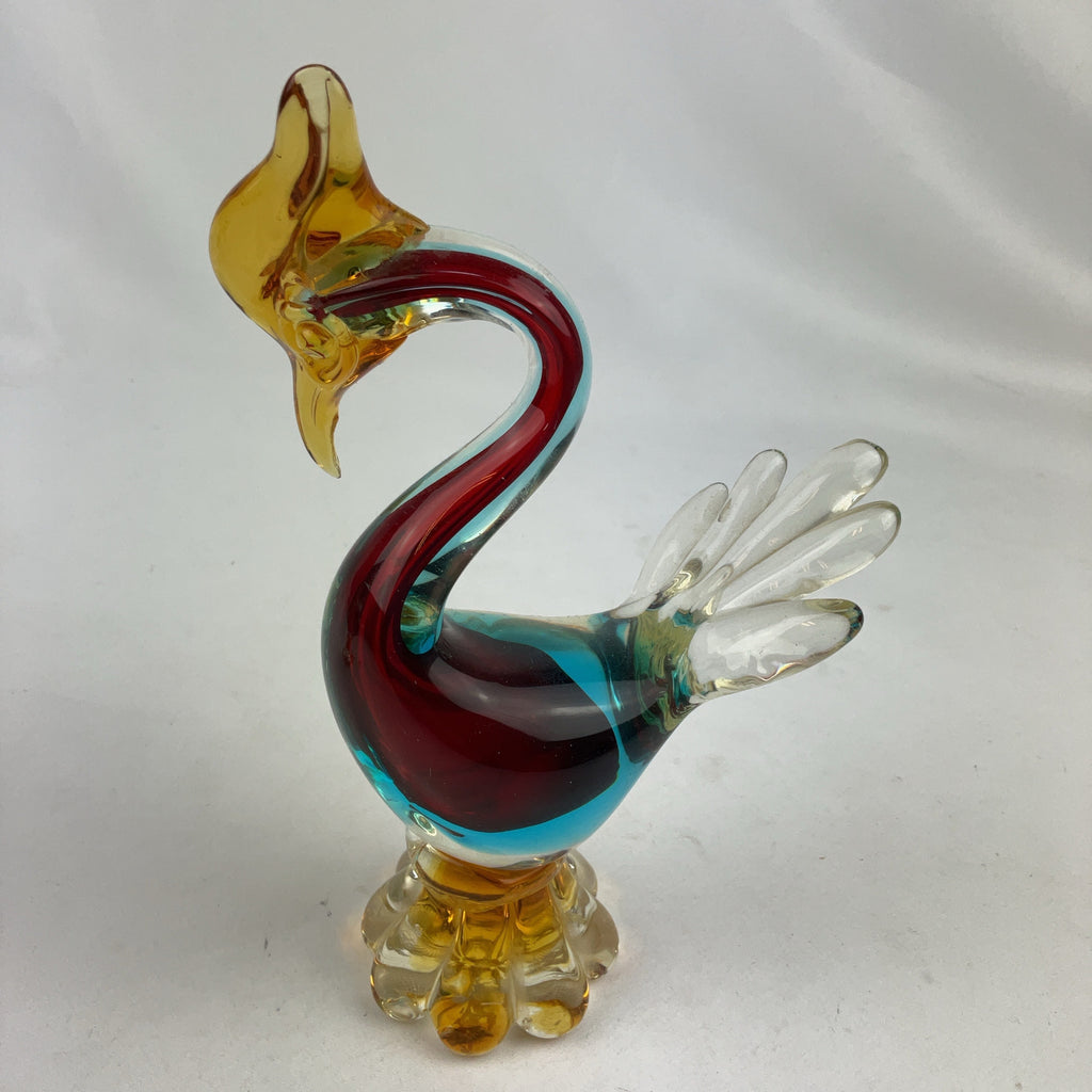 Murano Style Glass Fish and Bird Sculptures Multicolour Pair Vintage