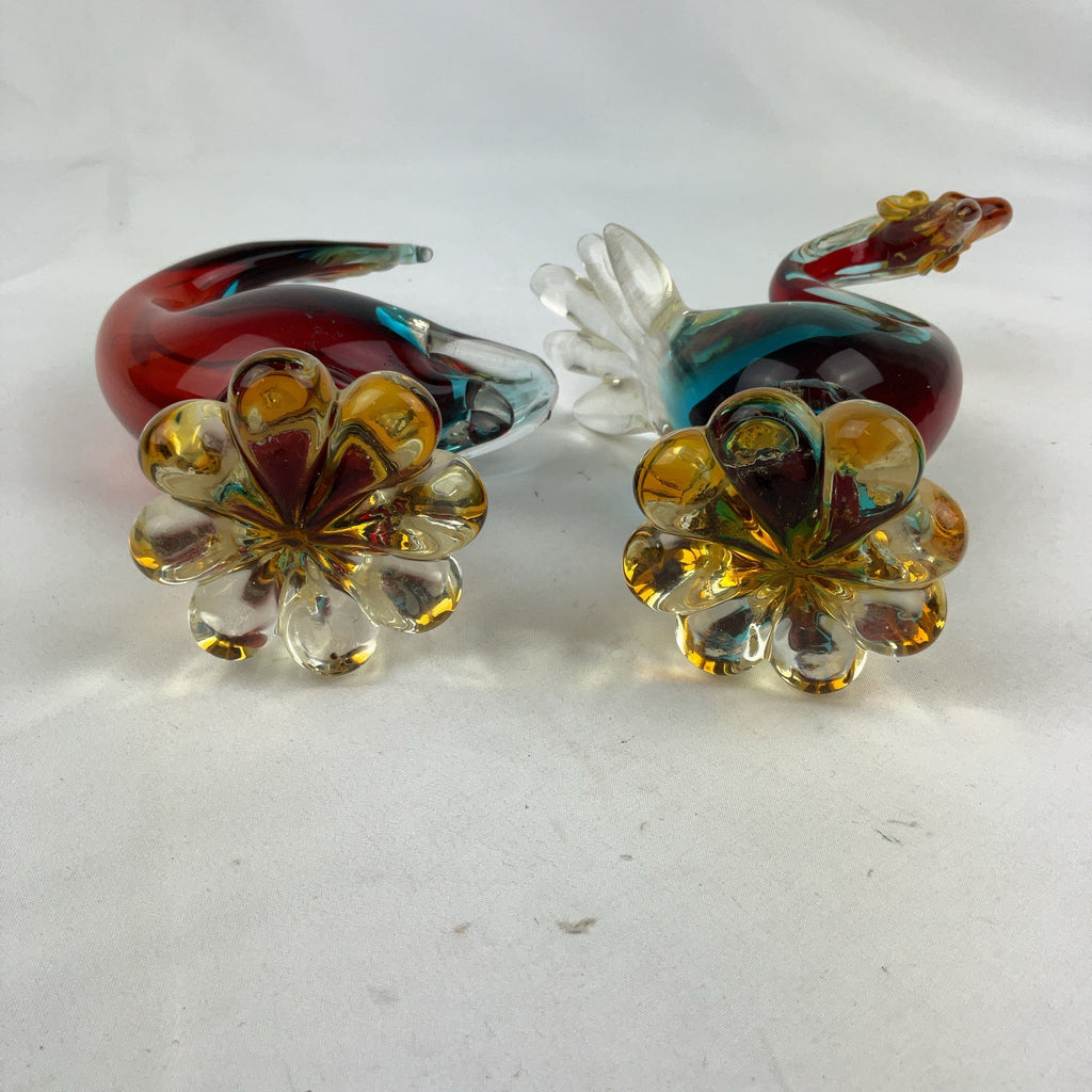 Murano Style Glass Fish and Bird Sculptures Multicolour Pair Vintage