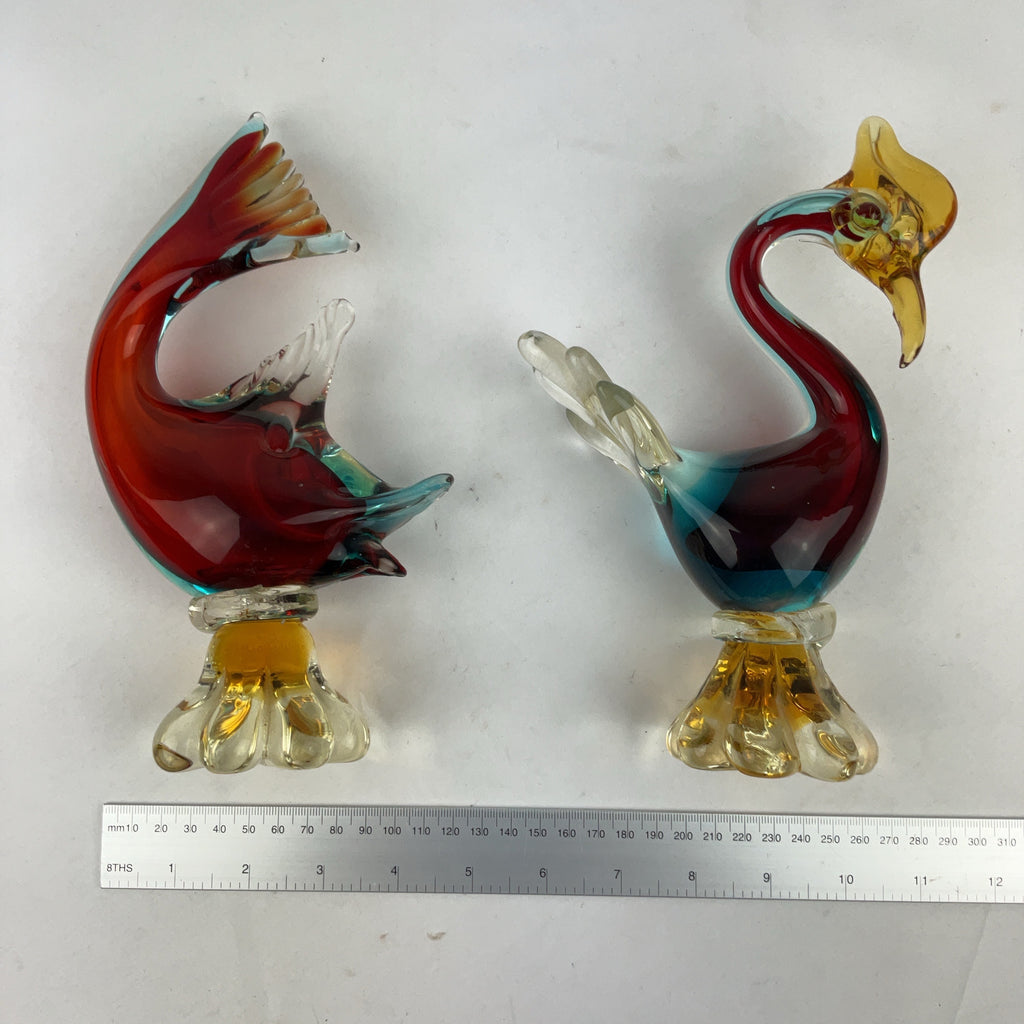 Murano Style Glass Fish and Bird Sculptures Multicolour Pair Vintage