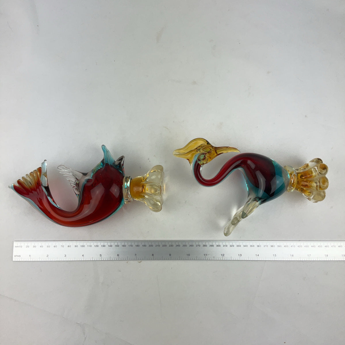 Murano Style Glass Fish and Bird Sculptures Multicolour Pair Vintage
