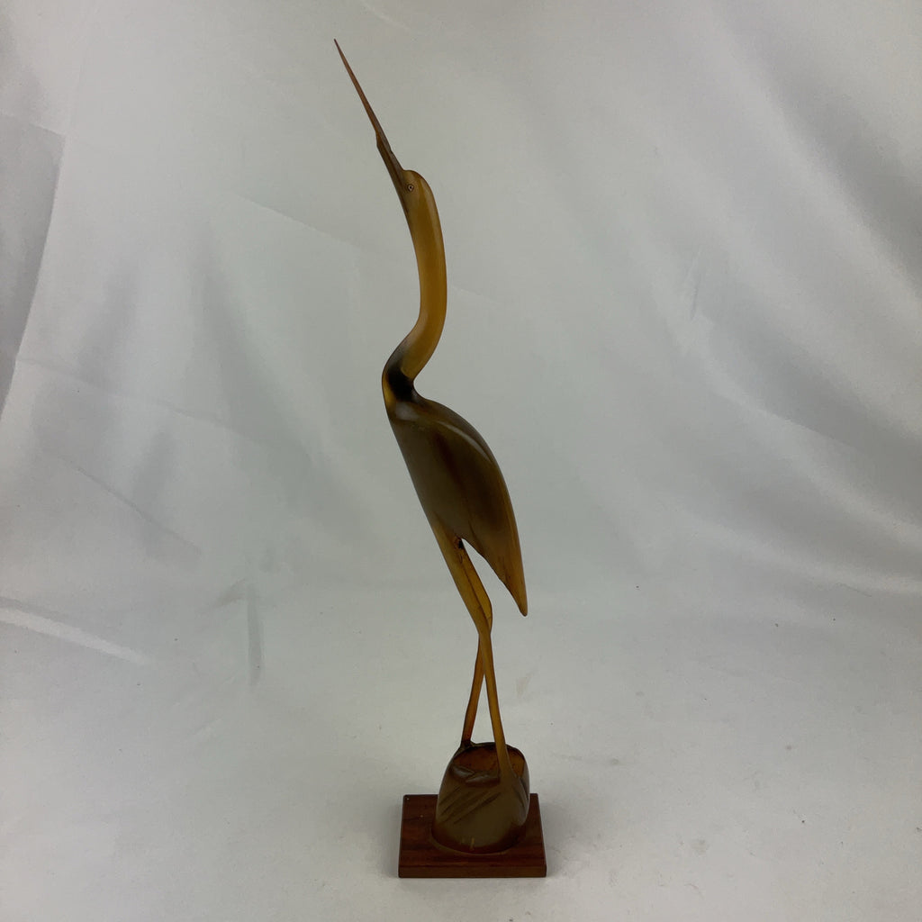 Vintage Hand Carved Buffalo Horn Heron Crane Sculpture Wood Base Mid Century