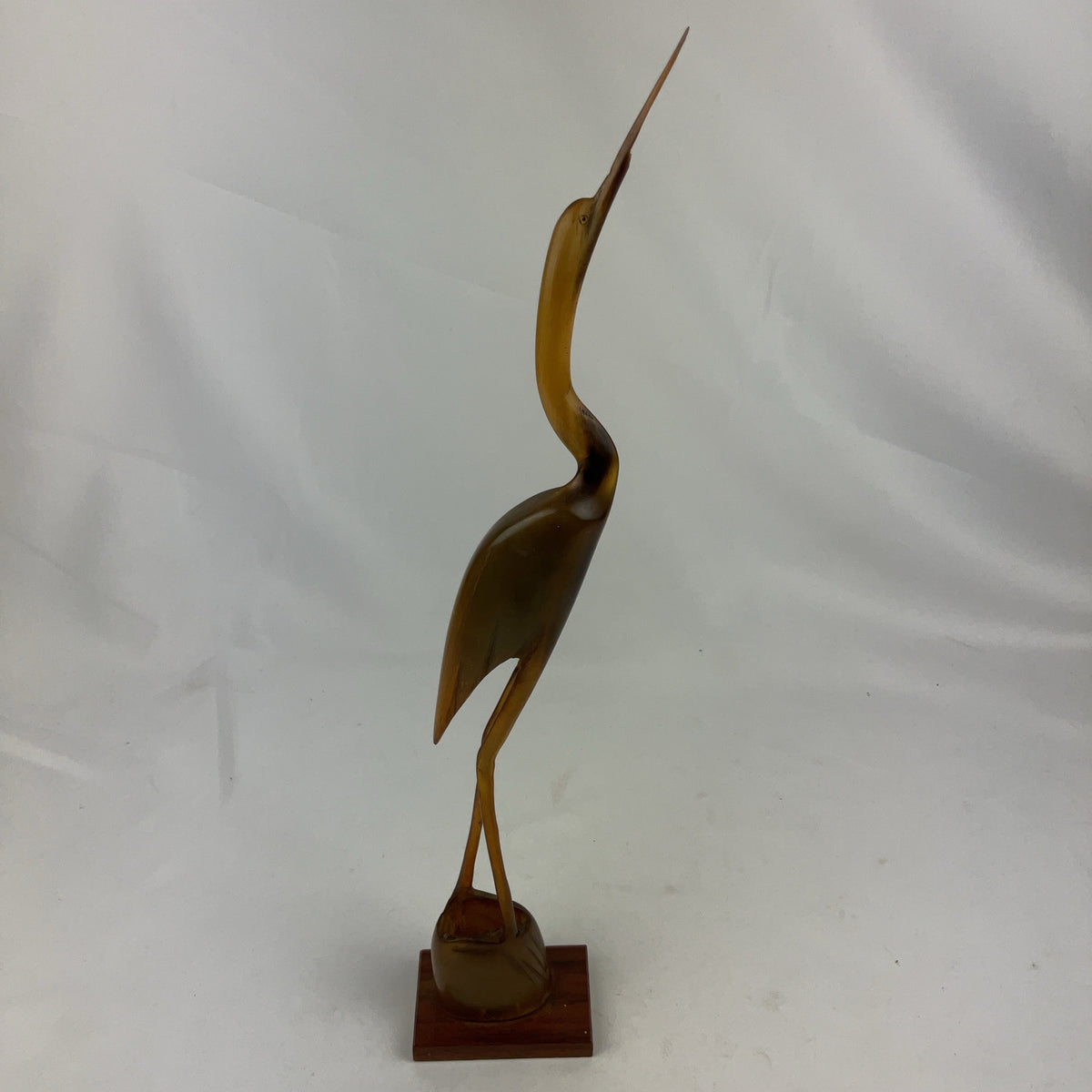 Vintage Hand Carved Buffalo Horn Heron Crane Sculpture Wood Base Mid Century