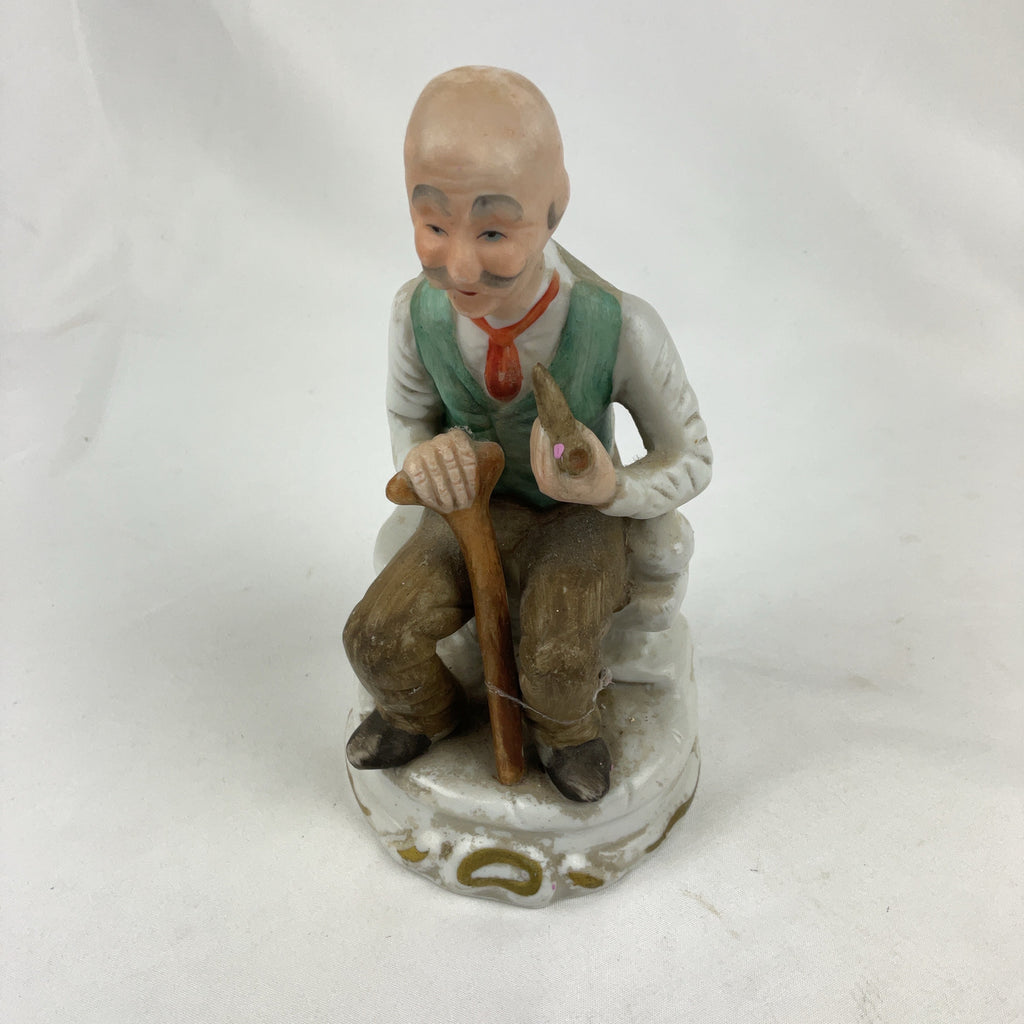 Vintage Bisque Porcelain Figurine Old Man Seated Cane Pipe Multi