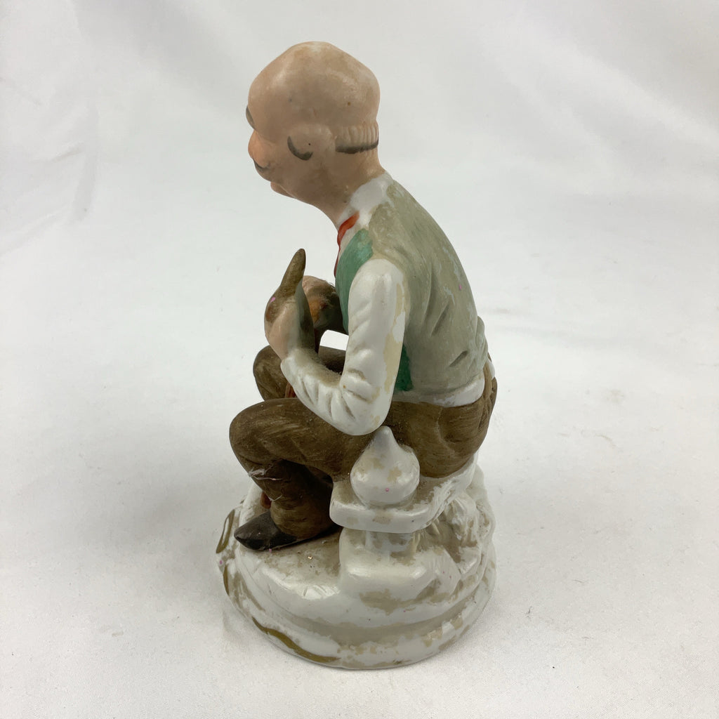 Vintage Bisque Porcelain Figurine Old Man Seated Cane Pipe Multi