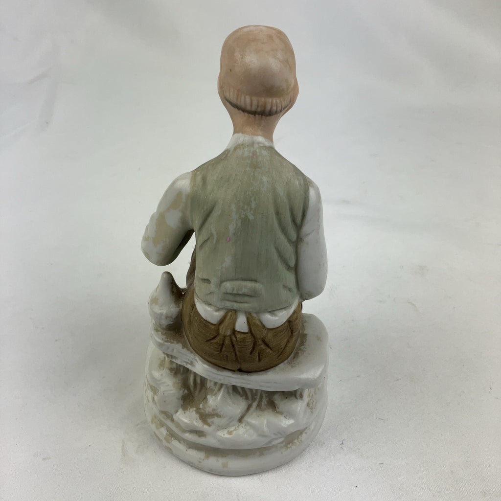 Vintage Bisque Porcelain Figurine Old Man Seated Cane Pipe Multi