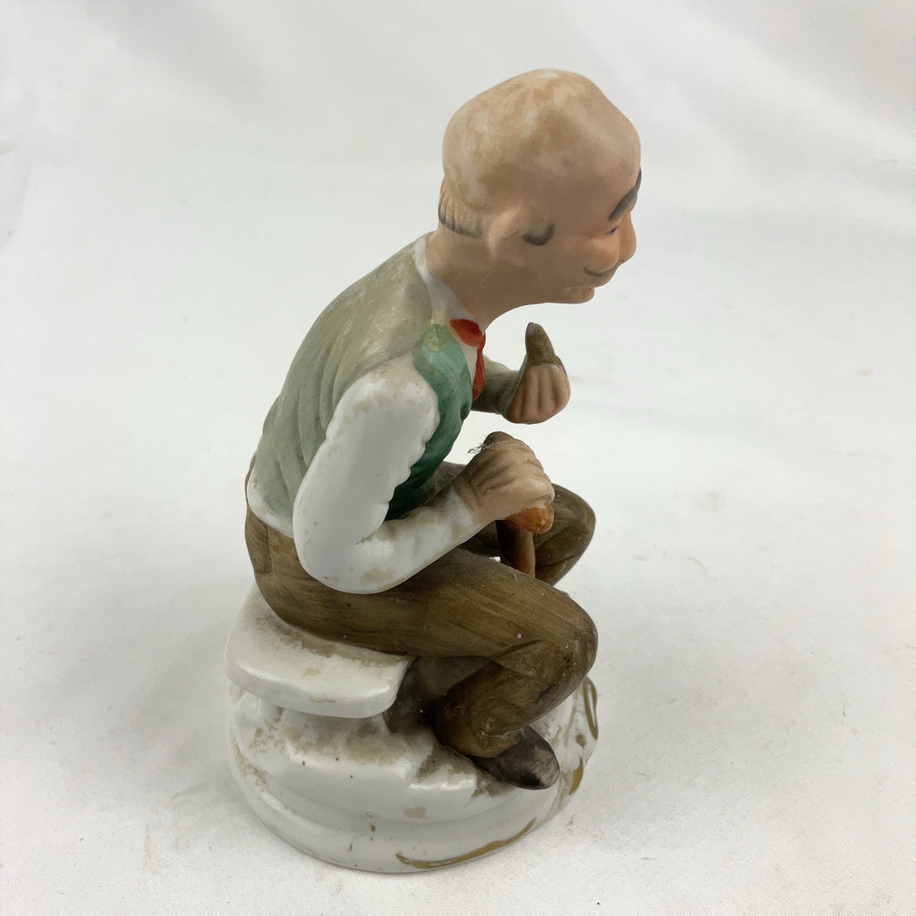 Vintage Bisque Porcelain Figurine Old Man Seated Cane Pipe Multi