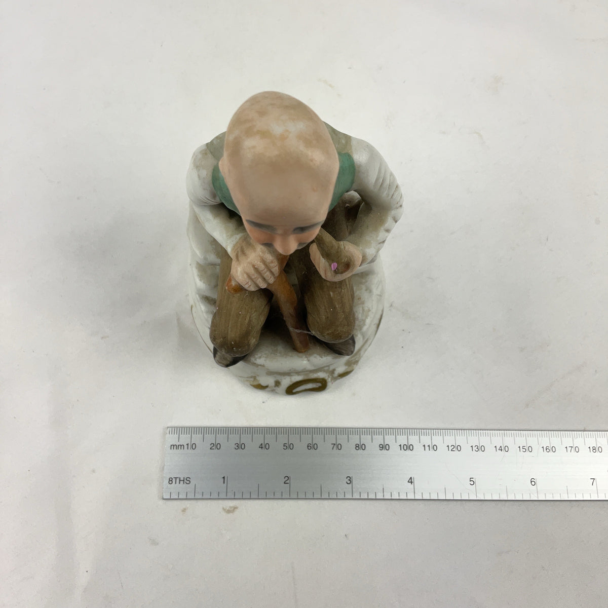 Vintage Bisque Porcelain Figurine Old Man Seated Cane Pipe Multi