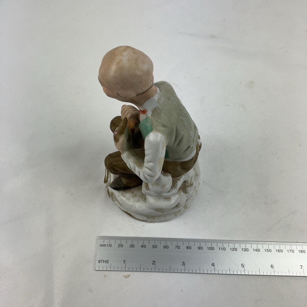 Vintage Bisque Porcelain Figurine Old Man Seated Cane Pipe Multi