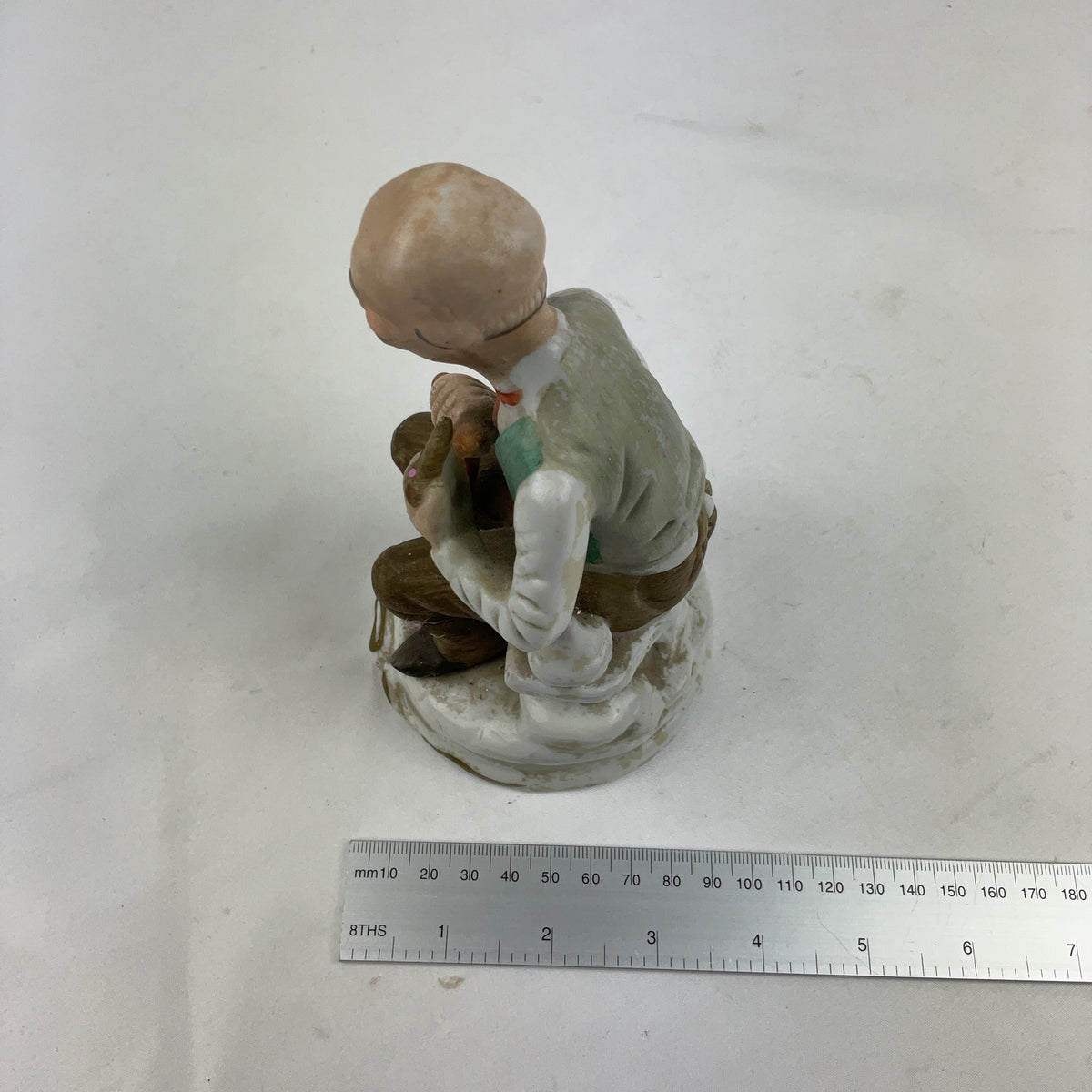 Vintage Bisque Porcelain Figurine Old Man Seated Cane Pipe Multi