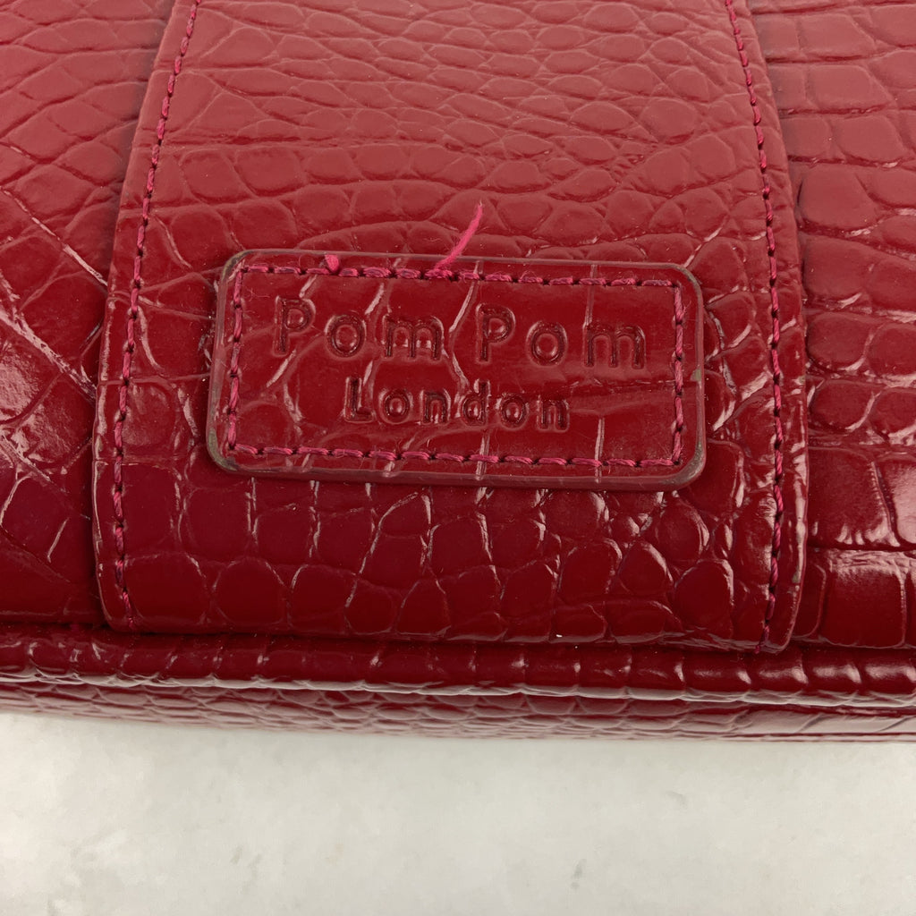 Pom Pom London Crossbody Bag Leather Red Croc Embossed Womens Gold Hardware