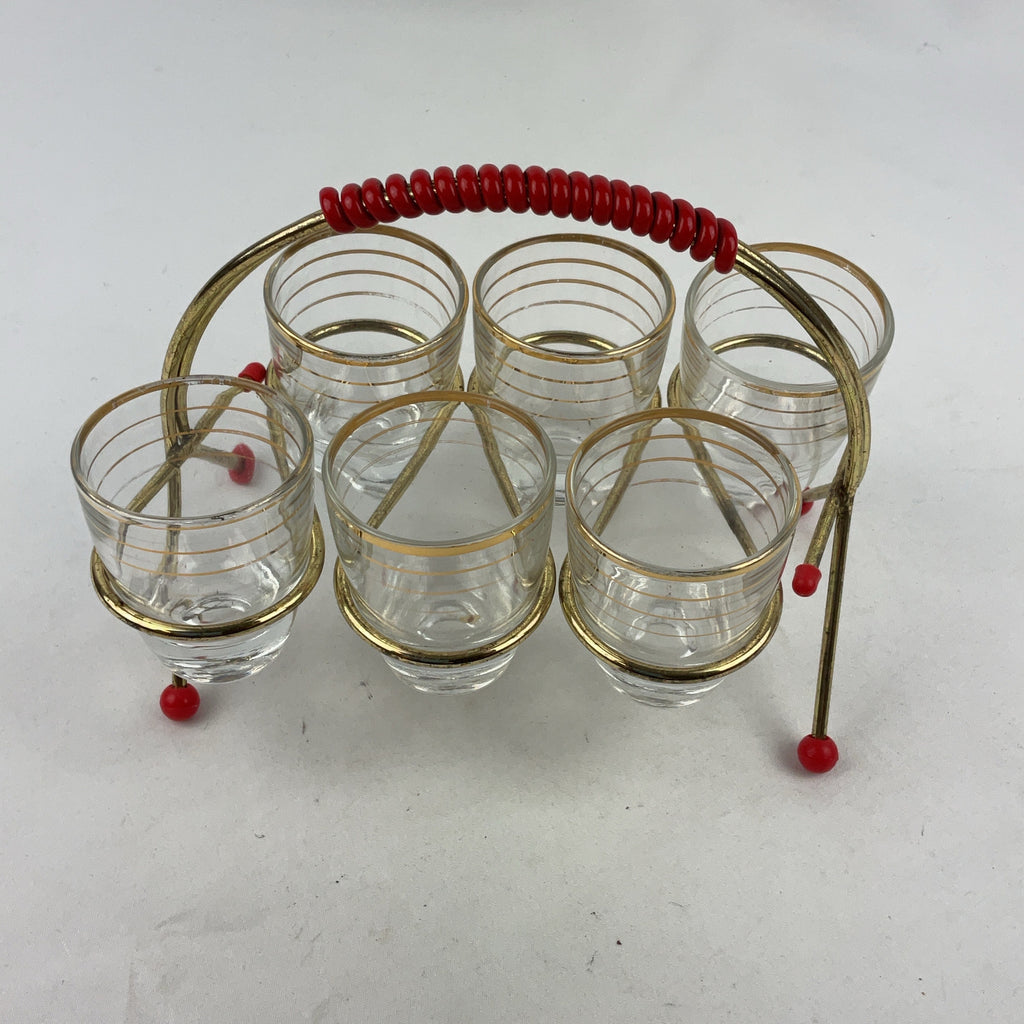 Vintage Brass Caddy Glass Gold Red 6 Shot Glasses Set Retro MCM