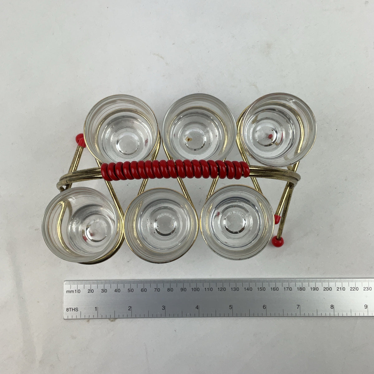 Vintage Brass Caddy Glass Gold Red 6 Shot Glasses Set Retro MCM