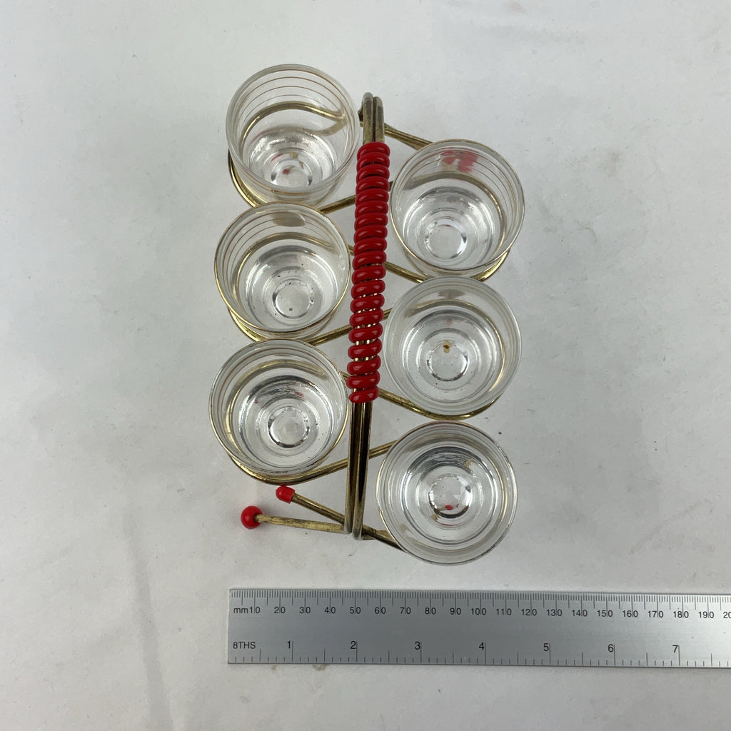 Vintage Brass Caddy Glass Gold Red 6 Shot Glasses Set Retro MCM