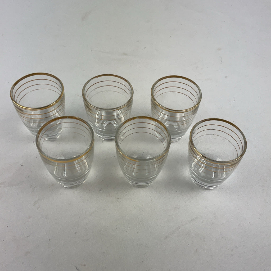 Vintage Brass Caddy Glass Gold Red 6 Shot Glasses Set Retro MCM